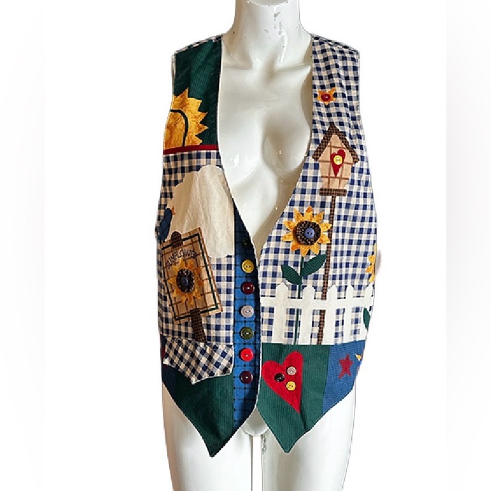Colorful Patchwork Vest with Sunflower and Heart Design